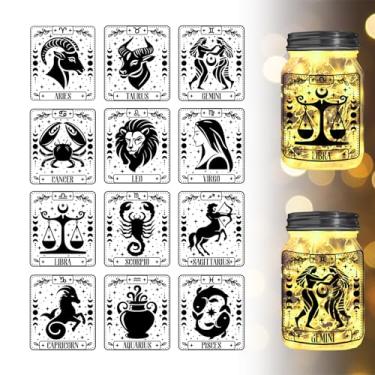Imagem de 12 peças de papel de silhueta de PVC, retângulo, signos do zodíaco, adesivos de recortes de PVC à prova d'água, decoração de iluminação autoadesiva para telefones celulares, scrapbooks, paredes, mesas