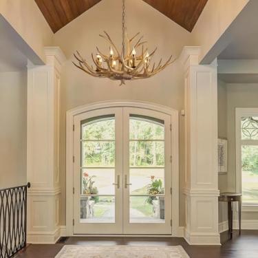 Imagem de Lustre Pendente Retrô Estilo Vela com Chifres de Veado em Resina Rústica para Sala de Jantar, Cozinha, Ilha, Cabana, Bar, Hall de Entrada, Ajustável, Marrom (8 Lâmpadas)