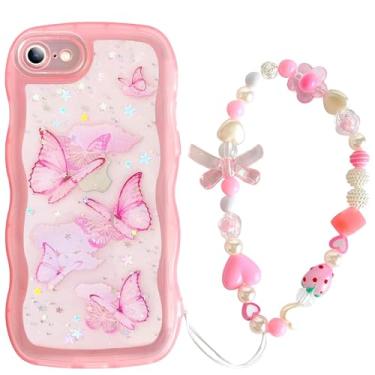 Imagem de Jmltech Capa para iPhone 16E, ondulada, transparente, brilhante, borboleta, silicone, feminina, ondulada, com contas, berloques, pulseira turquesa, coração, à prova de choque, capa protetora rosa