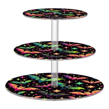 Imagem de Halloween neon estrelas morcegos chá festa cupcake suporte 3 camadas acrílico copo bolo torre suporte suporte bandeja de servir mesa doces suporte em camadas