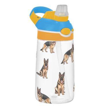 Imagem de Garrafa de água infantil Tritan de 473 ml com tampa de palha, garrafa de água esportiva à prova de vazamento de 473 ml, copo portátil reutilizável para bebida, alça de transporte, pastor alemão
