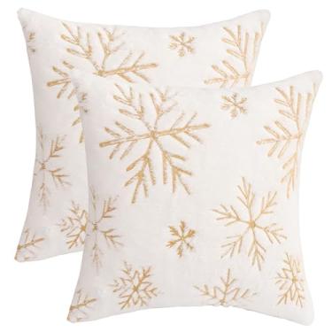 Imagem de LUOYEHK Capas de almofada de Natal 50 x 50 conjunto de 2 fronhas macias de pele sintética com flocos de neve para decoração de inverno e férias de inverno para sofá cama, branco