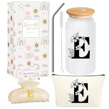 Imagem de 4MELLY Copo de vidro com inicial monograma, presentes personalizados para mulheres, copos de vidro de 473 ml, canudos, aniversário, Natal, Dia das Mães, presente para ela