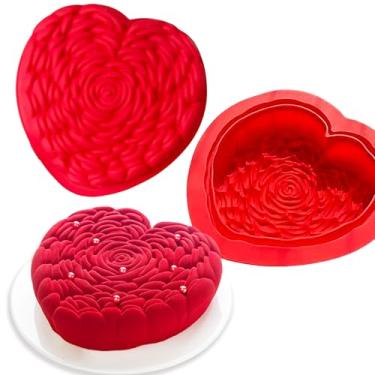 Imagem de ZINDIACINE Pacote com 2 moldes de silicone para bolo, forma de bolo de coração, padrão rosa, dia dos namorados, 20 cm, para assar, chocolate, mousse, geleia, mini bolo de resina