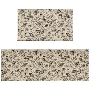 Imagem de Conjunto de 2 tapetes de cozinha pretos para primavera, Páscoa, estampa de borboleta, vintage, antiderrapante, lavável, absorvente, verão, sazonal, cozinha, corredor, decoração, 43 x 76 e 43 x 128 cm