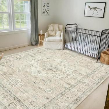 Imagem de Tapetes de cozinha antiderrapantes laváveis 90 x 120 cm laváveis tapetes de área bege para quarto tapetes de área neutra antiderrapantes para sala de estar vintage boho tapete floral estampado