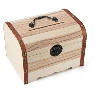 Imagem de Cofrinho cofrinho cofrinho de madeira cofrinho cofre caixa de dinheiro poupança com fechadura escultura em madeira feita à mão caixas de dinheiro infantis decoração de casa