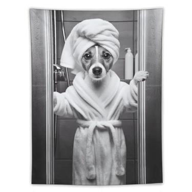 Imagem de Jack Russell Tapeçaria de Roupão Preto Branco Cena de Chuveiro Bonito Pet Arte Pendurada na Parede Decoração de Casa Caprichosa para Banheiro Sala de Estar Ambiente Brincalhão 152 x 203 Tapeçaria
