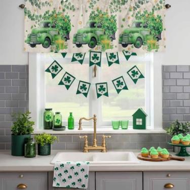 Imagem de Cortinas de cozinha de trevo verde para janelas de dia de São Patrício, trevo verde, trevo da sorte, folhas de eucalipto, tratamento de janela, cortinas para decoração de quarto, sala de estar, 1
