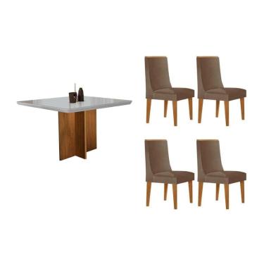 Imagem de Sala Jantar Mesa Berlim Tampo Curvo 90cm+4 Cadeiras Dakota Madeira Naturale - Capuccino/Corano Capuccino - Rufato