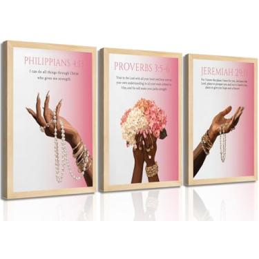 Imagem de 3 peças de arte de parede cristã rosa sem moldura para meninas negras, escrituras, escrituras religiosas, impressões, modernas, versículo bíblico, fotos, decoração de parede para quarto de menina