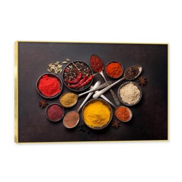 Imagem de NHLDZYH Moldura dourada. Arte de parede em tela de especiarias coloridas e colher de tempero | Decoração de cozinha vintage | Arte moderna para casa e sala de jantar. C101. 40 x 60 cm - 15,8 x 23,7