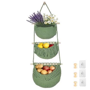 Imagem de Cestas de frutas penduradas em 3 camadas para cozinha, corda de algodão boho tecida à mão, rede de vegetais, armazenamento de produtos na parede, grande cesta organizadora para decoração de fazenda