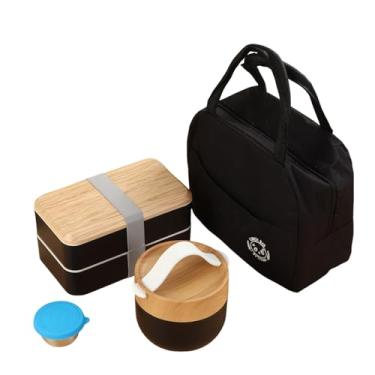 Imagem de Caixa de Almoço em Camadas Bento Grão Madeira com Compartimentos Empilháveis Tampa Bambu Grande Capacidade -Manutenção Micro-ondas Portátil Lavadora