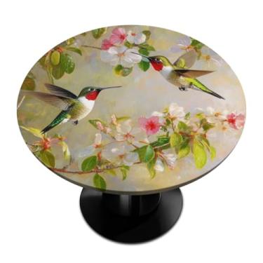 Imagem de Pardick Toalha de mesa redonda de beija-flor primavera com borda elástica, toalha de mesa à prova d'água, limpável, para piquenique, pátio, serve para mesas de até 114 a 142 cm de diâmetro