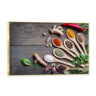 Imagem de NHLDZYH Moldura dourada. Arte de parede em tela de especiarias coloridas e colher de tempero | Decoração de cozinha vintage | Arte moderna para casa e sala de jantar. C66. 50 x 75 cm - 19,7 x 29,6 pol