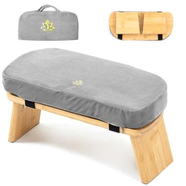 Imagem de Estleys Banco de meditação, banco de meditação de bambu, banco dobrável para meditação de joelhos, banco de oração Seiza, banco de oração com almofada de meditação, banco de joelhos (bolsa cinza)