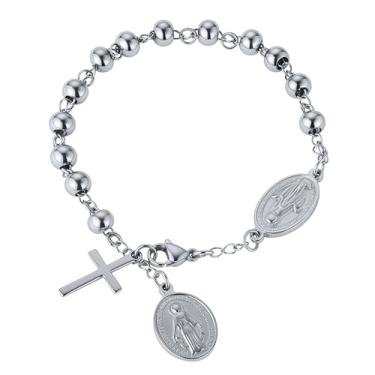 Imagem de HENGBOFENG Pulseiras para mulheres e homens, pulseira de cruz da Virgem Maria Católica, pulseira de aço inoxidável, pulseira de rosário com contas de aço inoxidável, presentes religiosos de primeira