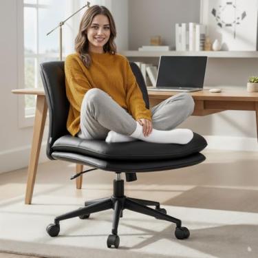 Imagem de NYPOT Cadeira de mesa sem braços com rodas para sentar em cruz - Cadeira larga sem braços com pernas cruzadas - banqueta giratória de 360° ajustável e assento largo de balanço de 120° confortável para