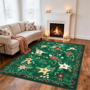 Imagem de GarveeHome Tapete floral de Natal verde 12 x 18 cm para sala de estar – Tapete de Natal lavável à máquina com suporte antiderrapante, tapete floral macio para quarto, cozinha e entrada