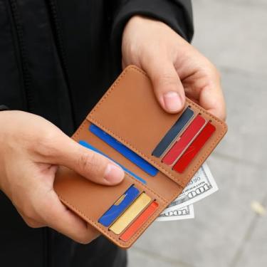 Imagem de Carteira feminina fina de couro PU com vários compartimentos com proteção RFID, Marrom, Tendência