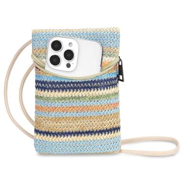 Imagem de BBORGDC Bolsa transversal de palha para celular feminina, pequena bolsa de celular de tecido com zíper, Listra azul, Moda casual