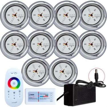 Imagem de Kit 10 Refletores Led 9w RGB Inox e Comando para Iluminação Piscina - 