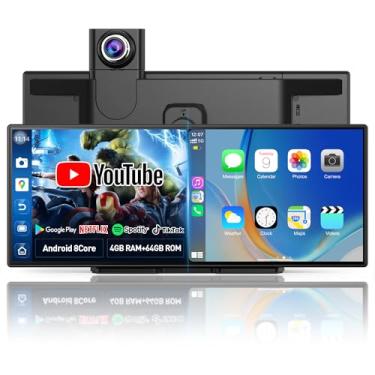 Imagem de Tela QLED Carplay de 26.0 cm para carro, Android, 8 núcleos, 4G + 64 G, Apple CarPlay e tela automotiva Android com Netflix, YouTube, Google Play 1080P, câmera frontal e traseira, tela dividida