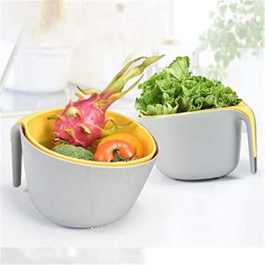 Imagem de Cesta de drenagem de cozinha grande cesta de drenagem de camada dupla pia de plástico cesta de armazenamento de vegetais e frutas conjunto de 2 peças fácil de limpar (cor: amarelo tamanho: 21,5 x 14,5