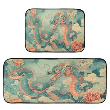 Imagem de xigua Conjunto de 2 peças de tapetes e tapetes de cozinha vintage dragões absorventes macios para chão tapete de cozinha antiderrapante conjunto de capacho de cozinha, 50 x 120 cm + 50 x 70 cm