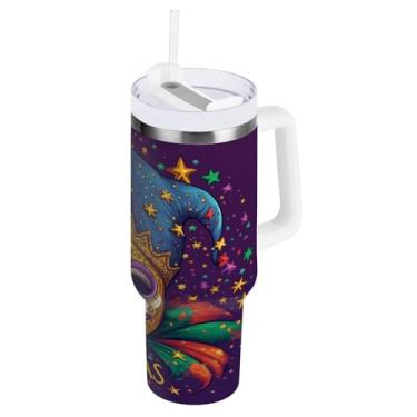 Imagem de Blueangle Copo isolado de máscara colorida de carnaval de 1,134 g com alça e tampa de palha, caneca de viagem reutilizável de aço inoxidável (161)
