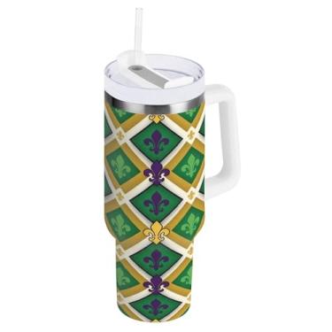 Imagem de Blueangle Copo isolado Mardi Gras Argyle de 1,134 g com alça e tampa de palha, caneca de viagem reutilizável de aço inoxidável (509)