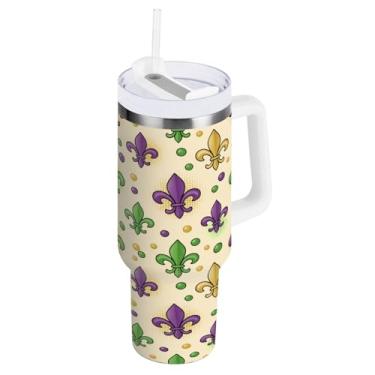 Imagem de Blueangle Copo isolado com motivo de carnaval de 850 g com alça e tampa de palha, caneca de viagem reutilizável de aço inoxidável (735)