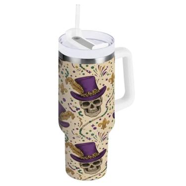 Imagem de Blueangle Copo térmico de carnaval de 850 g com alça e tampa de palha, caneca de viagem reutilizável de aço inoxidável (978)