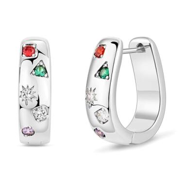 Imagem de micuco Brincos De Argola Grossos Prata Para Mulheres, Banhados A Ouro Branco 18K, Pequenos, Com Zircônia Cúbica Multicolorida, Argolas Grossas 18 Mm