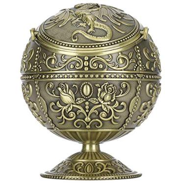 Imagem de Cinzeiro vintage, forma tellurion de liga de zinco com padrão de relevo de dragão 3D, tampa à prova de vento e suporte de cigarro removível, para decoração de casa, hotéis, clubes, presentes