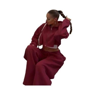 Imagem de Conjunto De Moletom Feminino Com Capuz E Zíper, Cropped E Calça, 2 Peç