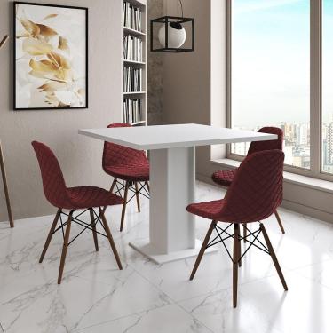 Imagem de Mesa Jantar Londres Quadrada Branca 90Cm 4 Cadeiras Eames Estofadas Vermelho Madeira