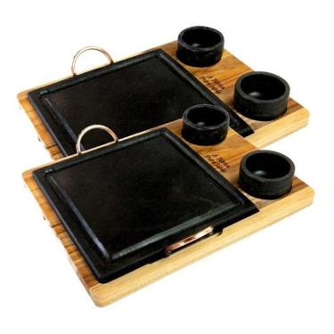 Imagem de Kit 2 Grelha De Pedra Sabão Quadrada 20x20 Cm + 4 Cumbucas Com Suporte De Madeira