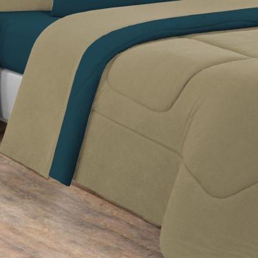 Imagem de Kit Edredom + Jogo De Lençol Malha 100% Algodão Gran Moratta 7 Peças King - Avelã-azul Petróleo