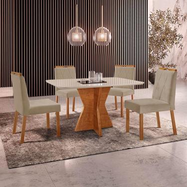Imagem de Conjunto Sala De Jantar Mesa Madri 120x80cm Tampo Retângular Vidro Off White Com 4 Cadeiras Bela Veludo Bege