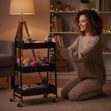 Imagem de Prateleira de Metal Multiuso 3 Andares com Rodinhas Preto Resistente O
