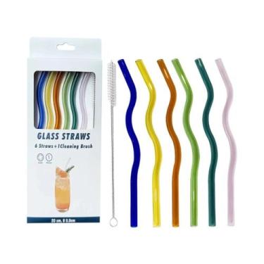 Imagem de Kit De Canudos De Vidro Reutilizáveis Coloridos 6 Peças Canudos Corrug