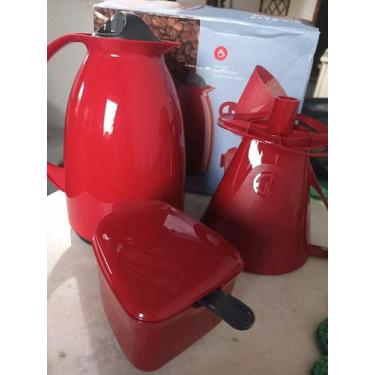 Imagem de Kit Conjunto Garrafa Térmica de Café 650ml Florença Vermelha c/ Bico A