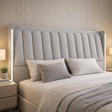 Imagem de Cabeceira Cama Box Casal Estofada com LED 140cm Moan P05 Linho Cinza Claro - Lyam Decor
