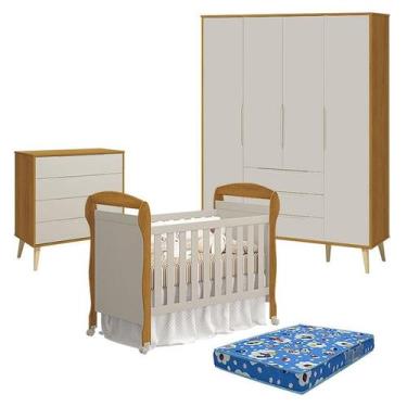 Imagem de Quarto de Bebê 4 Portas com Cômoda Gaveteiro Elfe Retrô e Berço Americ