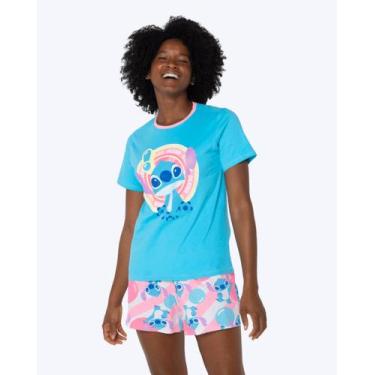 Imagem de Pijama Manga Curta Algodão Stitch Adulto Feminino Puket 030602954, Azu