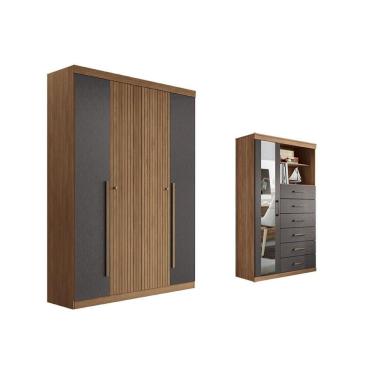 Imagem de Kit Conjunto de Quarto QC344 4 Portas 2 Gavetas MDP-MDF 155CM Jatobá e Grafite Santos Andirá