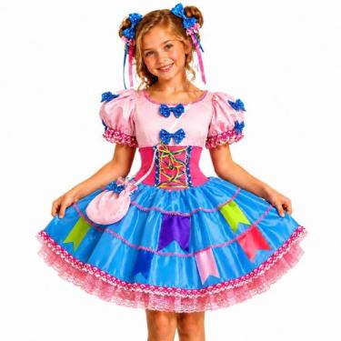 Imagem de Vestido Festa Junina Infantil Rosa Luxo Com Bolsa e Corselet - Fantasi