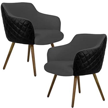 Imagem de Kit 02 Poltronas Decorativas Pés Palito Jade D02 Linho Cinza C-416 Tressê Corano Preto - Lyam Decor
